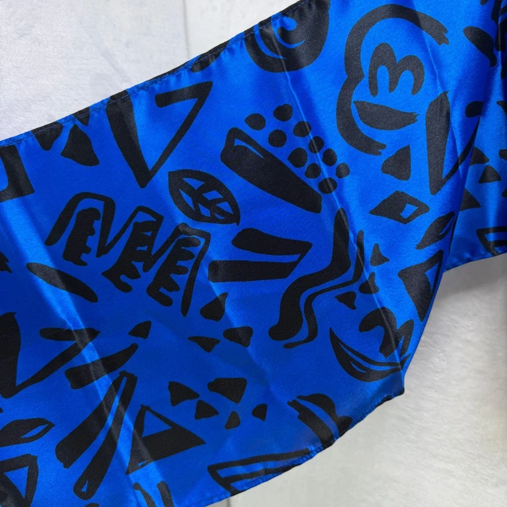 VTG 1987 Bloom LA Fabrics Royal Blue Black Abstract Geometric Satin Scarf 54x10.